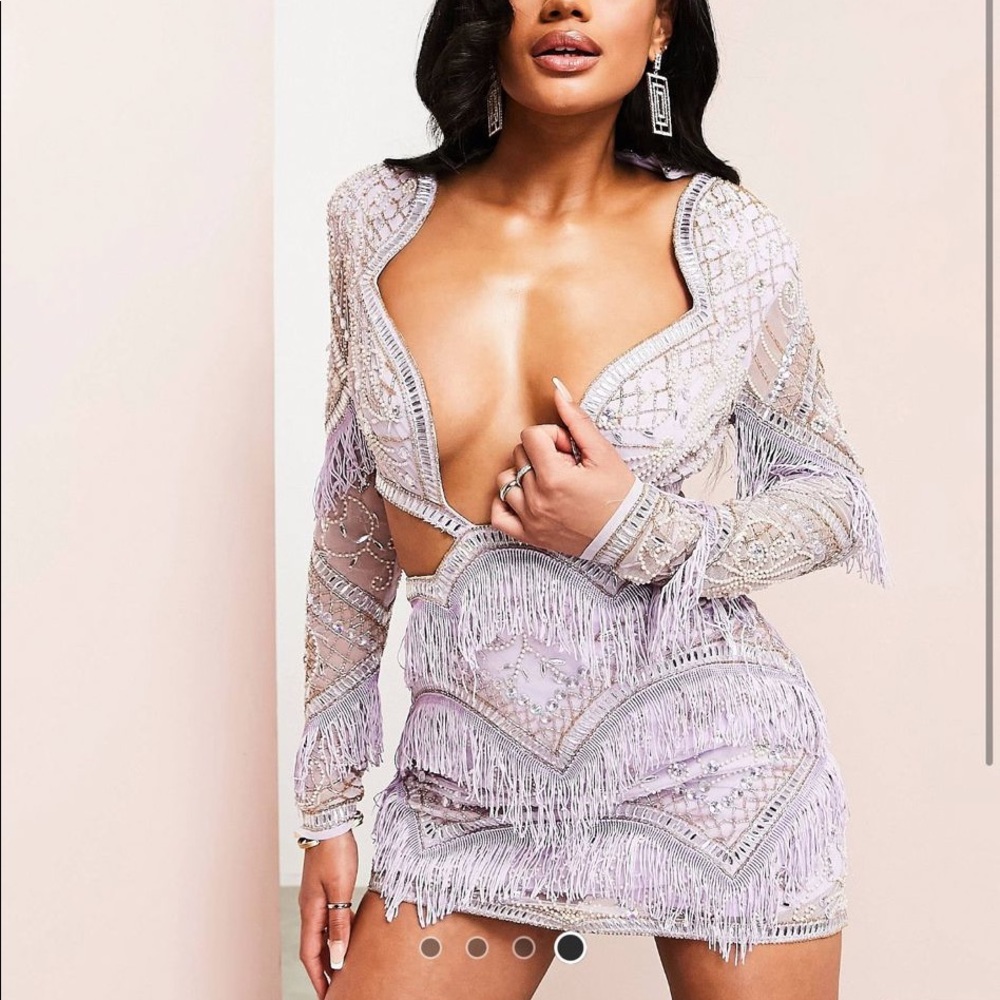 ASOS LUXE cut out embellished mini dress with fringing in lilac